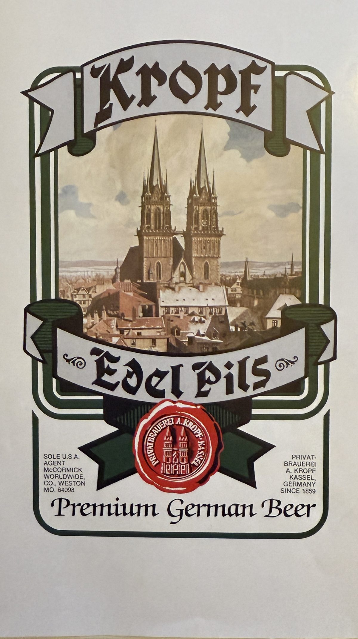 Etikett „Kropf Edel Pils – Premium German Beer“